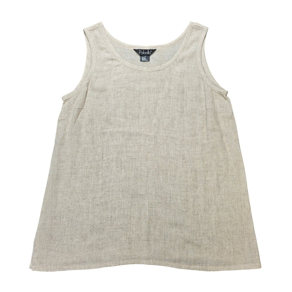 Rafaella Scoop Neck Tank Top Women's Size M Beige Linen Blend Woven Made in USA